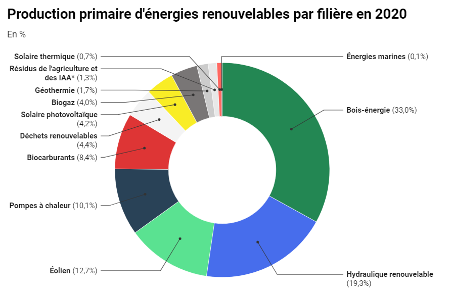 Production primaire d'énergies renouvelables par filière en 2020