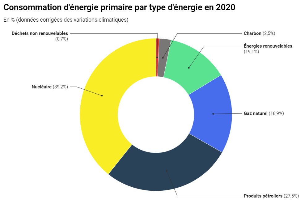 Consommation d'énergie primaire par type d'énergie en 2020